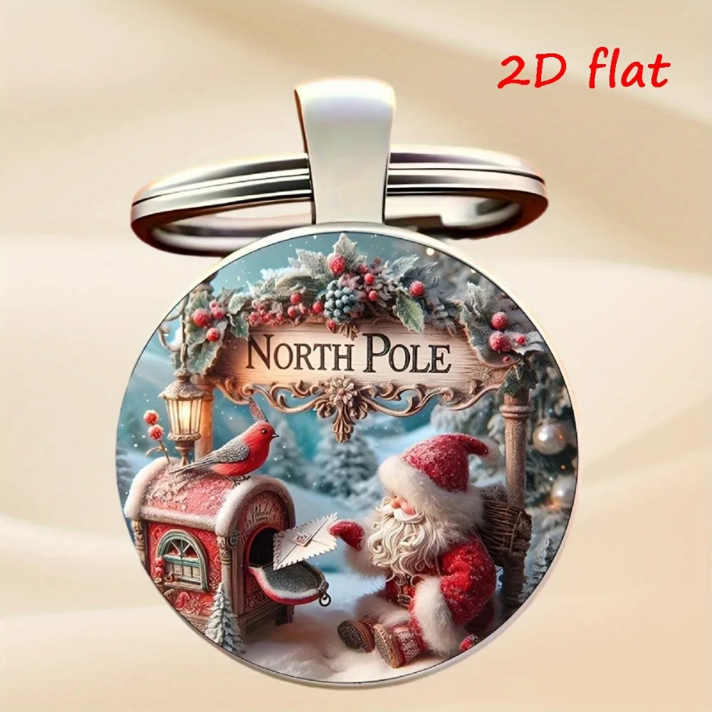 6-60Sets 2D Flat North Pole Santa Claus Metal Keychain Round Time Gem Pendant Snow Bird Mailbox Print Car Bag Xmas Gift