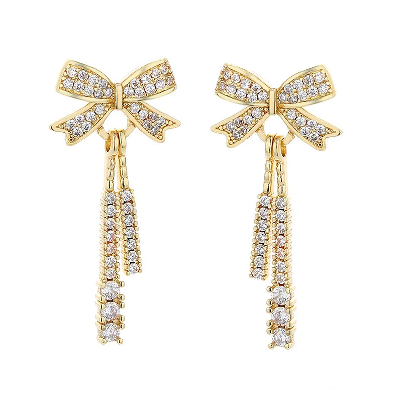 Fashion Silver Color Ribbon Bow Drop Earrings for Women Girls Korean Style Rhinestone Bow Ear Studs Earrings Wedding Jewelry