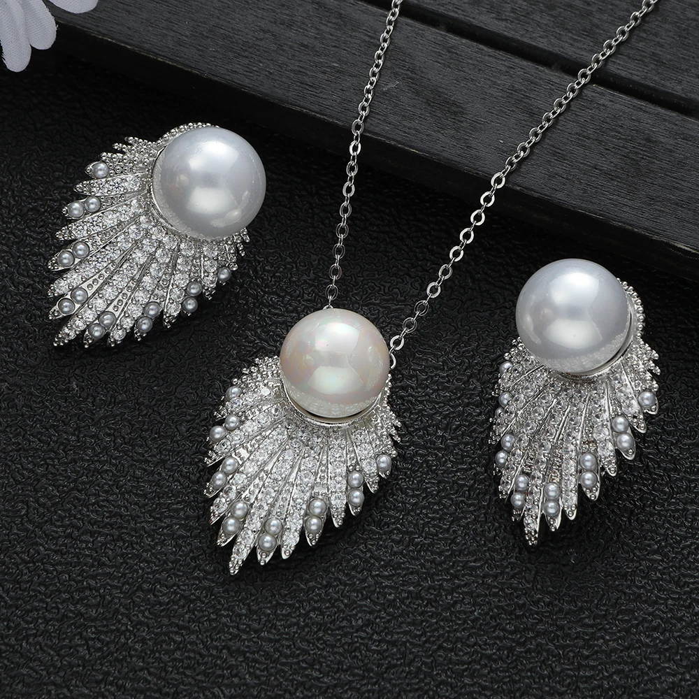 Luxury Elegant Mosaic Fritillaria Pearl Leaf Shape Necklace Stud Earring Cubic Zircon Dubai Bridal  Jewelry Set S475