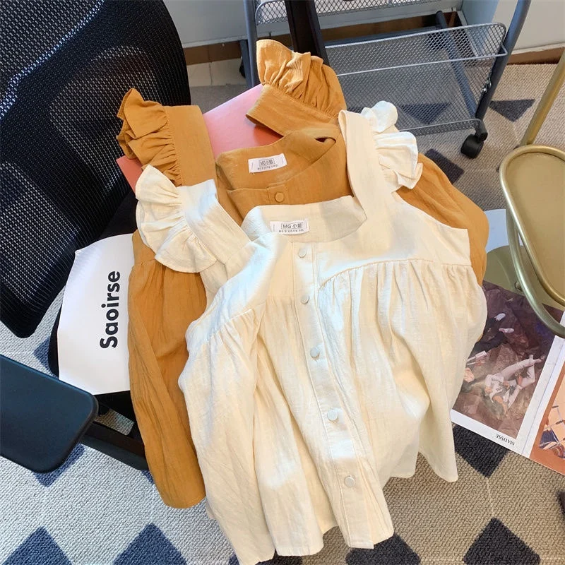 

Summer Women's Square Collar Vest Doll irt Svel Top Fly Sve Strap Design Regular Fit Commute Sle Pure Color