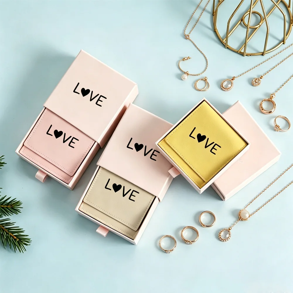 

Customized PU Leather Jewelry Gift Bags Light Pink Slider Drawer Necklace Box Jewelry Earrings Rings Display Boxes Wedding Gift