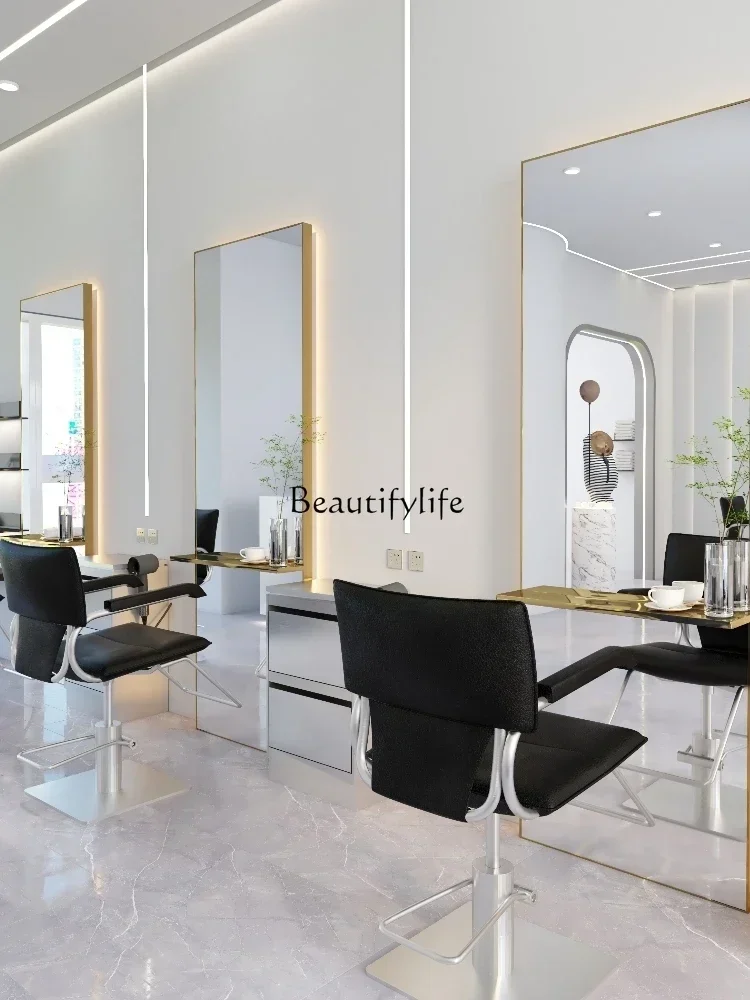 

06Barber Shop Dressing Table Marble Seat Hair Cutting Mirror Double-Sided Floor Hot Dyeing Mirror