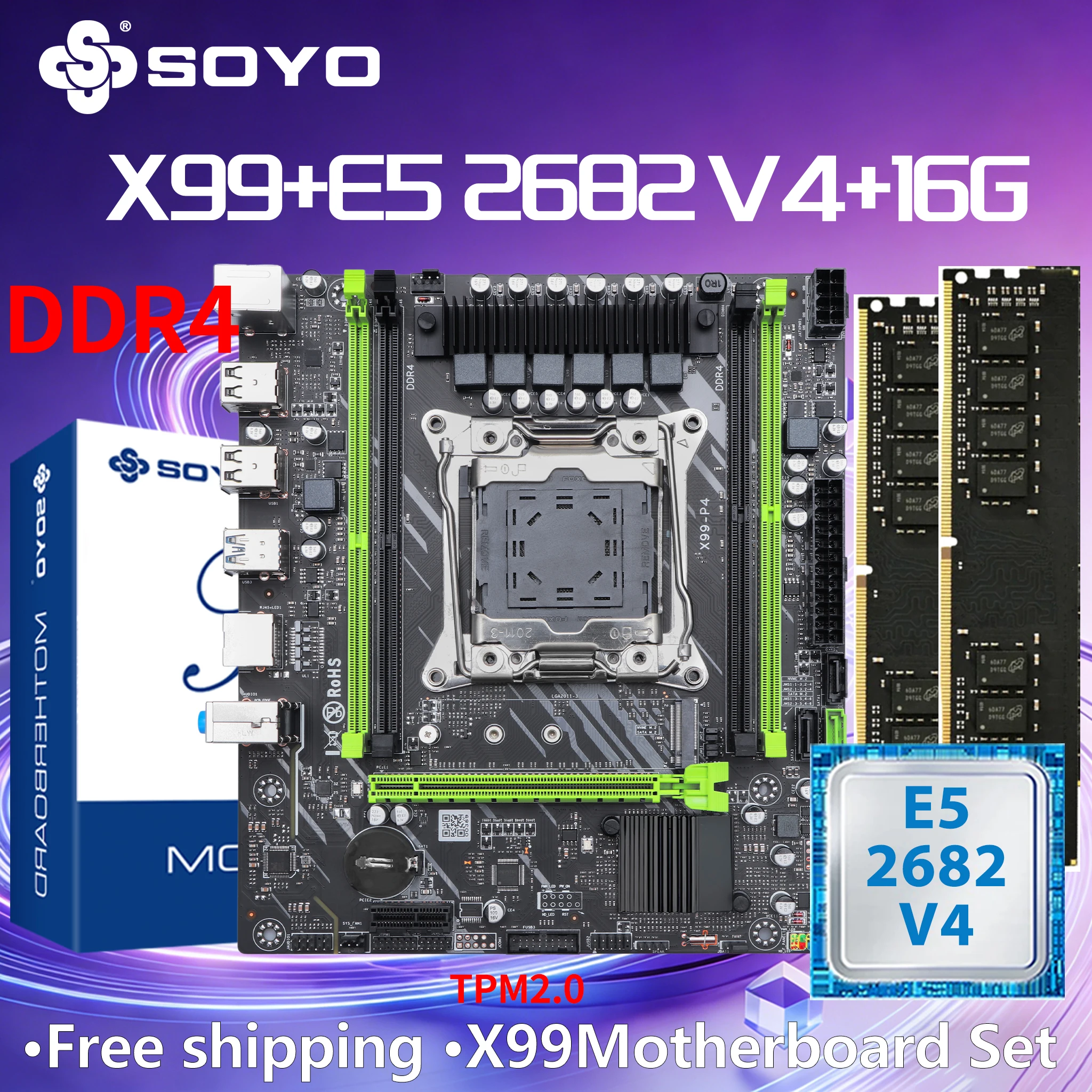 

SOYO X99 DDR4 Motherboard with E5 2682 V4 CPU 16G(8G*2)RAM C612 LGA2011-3 Intel Kit Xeon PCIE3.0x16 M.2 Desktop PC Game TPM2.0