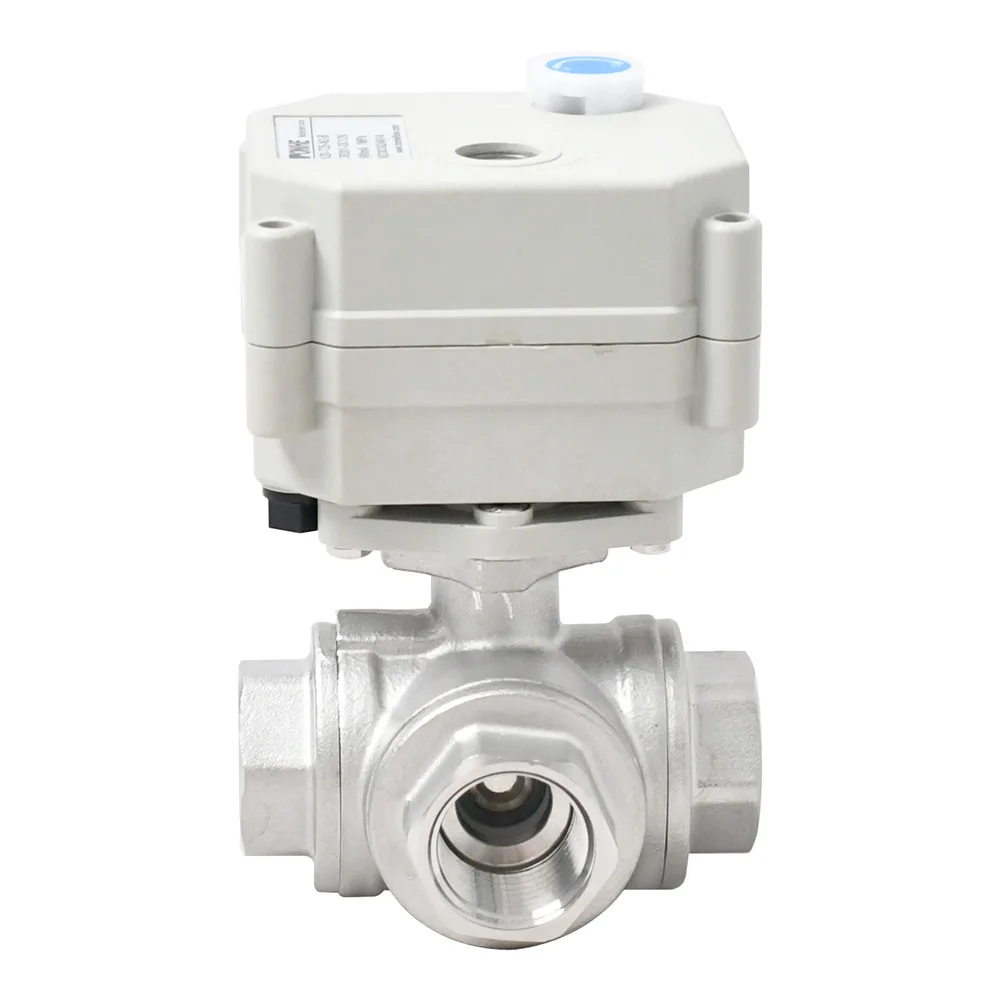 1/4 '-1' 3-way stainless steel electric ball valve 9-24VAC/DC or 110-230VAC capacitor automatically returns with manual override