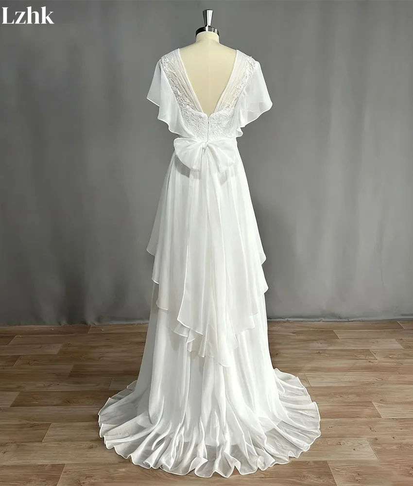 Customized Graceful Chiffon A-Line Lace Ruffles 3D Bow Evening Dress Temperament V-Neck Floor Length Bespoke Occasion Gowns