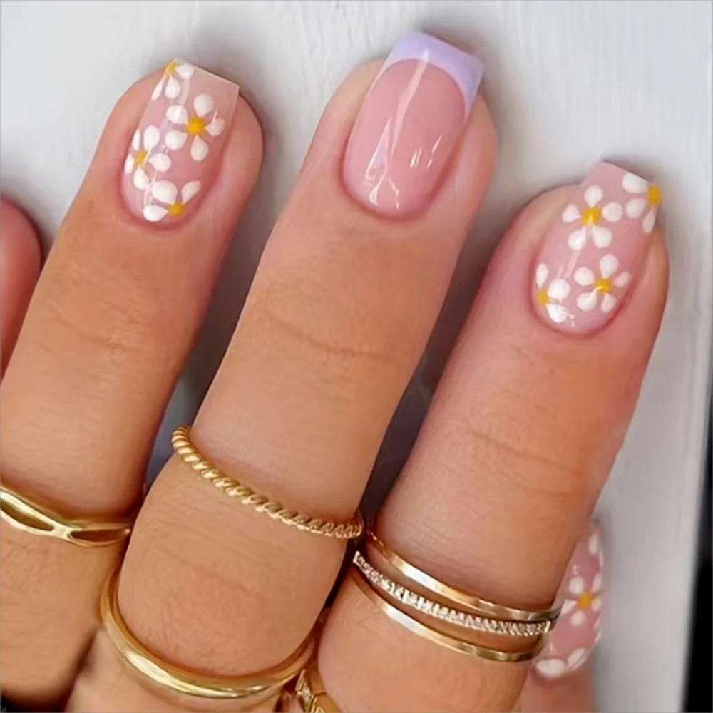 24 sztuk/zestaw kobiety średniej wielkości fioletowa ramka francuskie białe kwiaty w proszku pełne pokrycie nadające się do noszenia Nail Art sztuczne paznokcie
