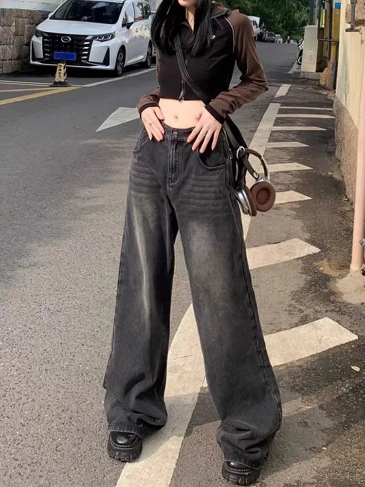 بنطلون جينز نسائي من American Sle مقاس كبير مبطن بأرجل واسعة من قماش الدنيم للخريف والشتاء بخصر عالٍ وفضفاض بطول الأرض #5