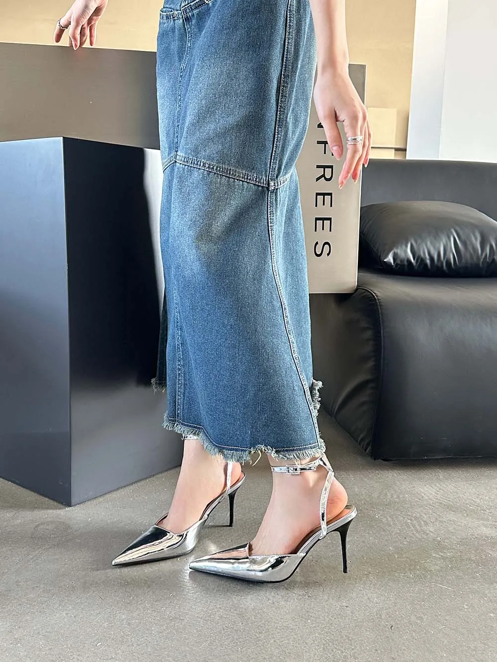 Silver Gold Black Women Sandals Pointed Toe Summer Dress Shoes Thin High Heels Party Pumps Ankle Strap Mules Shoes Size 35-39