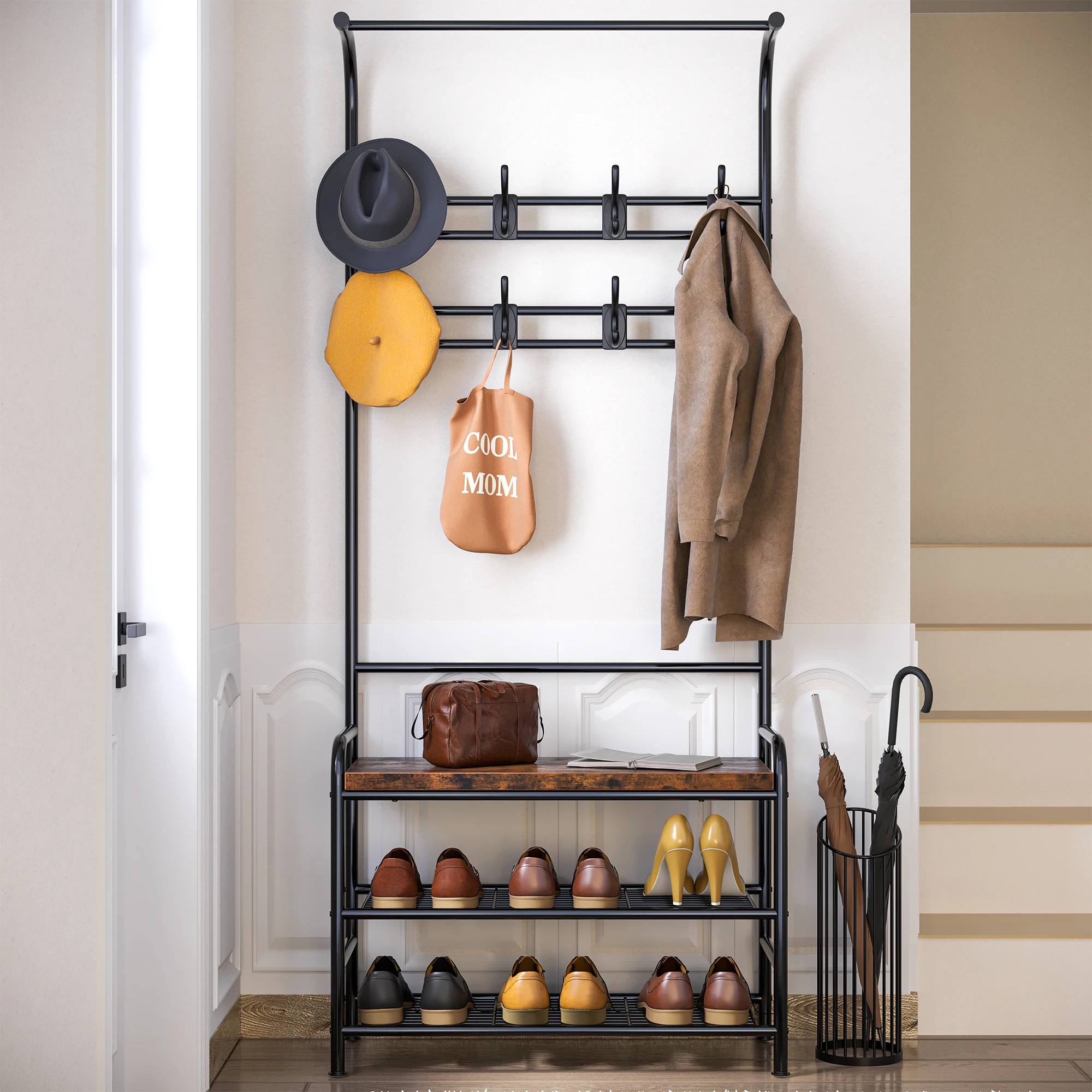 Coat Rack Shoe Bench, 3-in-1 Hall Tree Shoe Rack for Entryway, Coat Tree with 3-Tier Storage Shelf and 8 Hooks