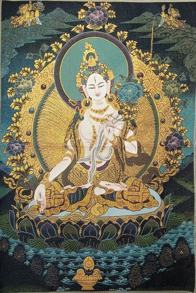 36" Tibet Tibetan Cloth Silk Buddhism White Tara Tangka Thangka Mural Painting