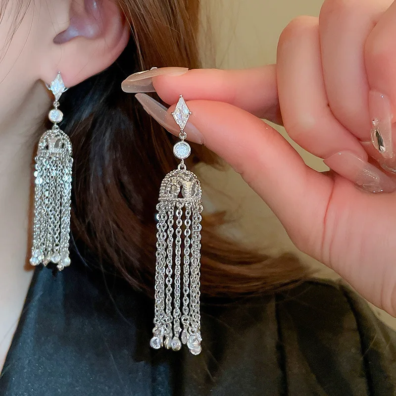 Diamond zircon lantern chain long tassel earrings exaggerated earrings