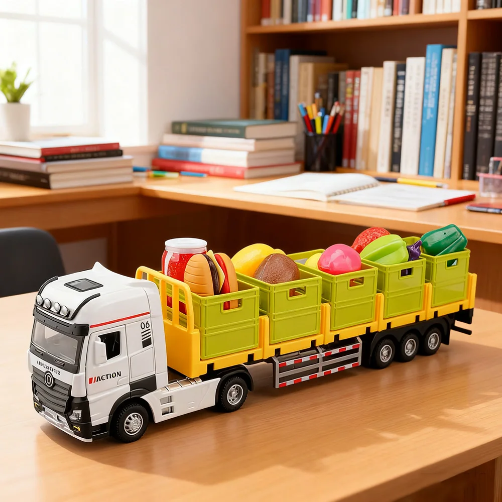 1:32 Alloy Trailer Transport Vehicle Cars Diecast Models Toys with Light Sound Wheel Pull Back Miniature Car Kids Birthday Gifts