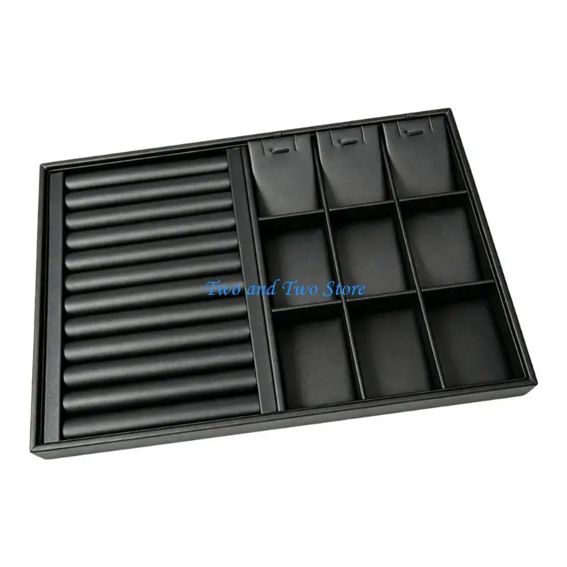 HX6F Elegant Black Leather Jewelry Display Tray For Rings Earrings Necklaces And Bracelets 35x24cm