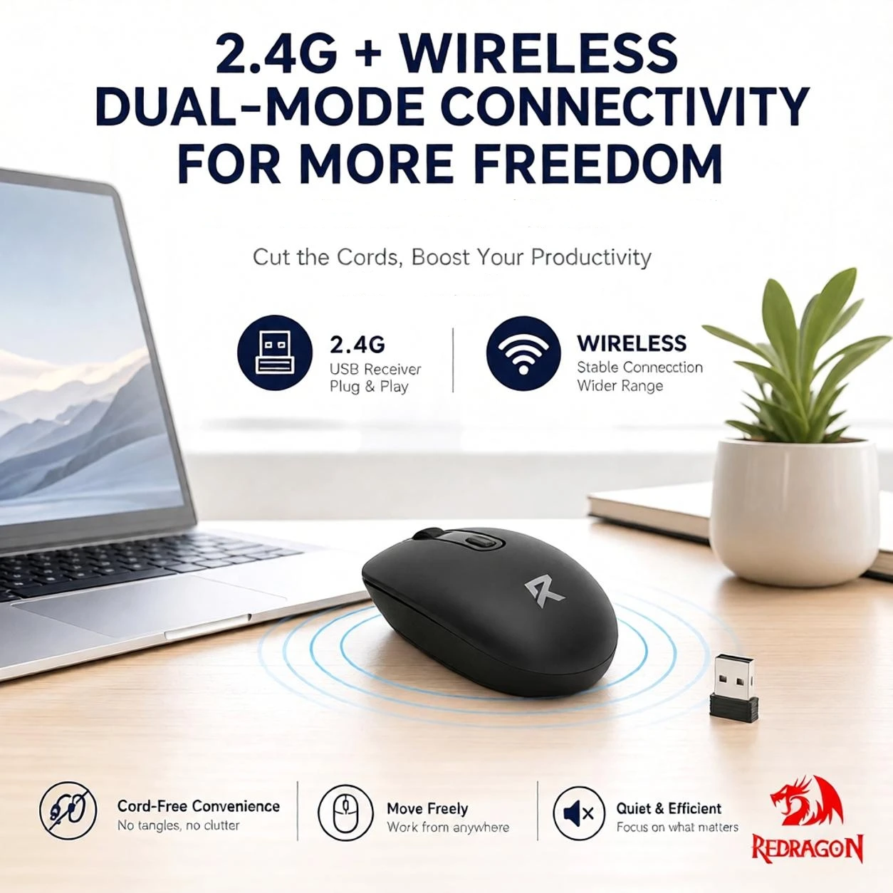 Redragon Dual Mode Bluetooth 2.4G Wireless Silent Mouse, Ergonomic Ambidextrous Lightweight Mouse Plug & Play for PC Laptop .