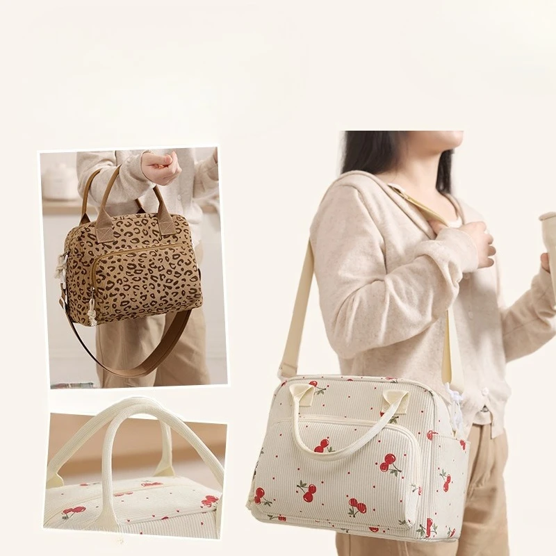 Corduroy Lunch Bag Thermal Insulation Lunch Box Storage Handbag Crossbody Multifunctional Kid School Cooler Bag Picnic FoodPouch