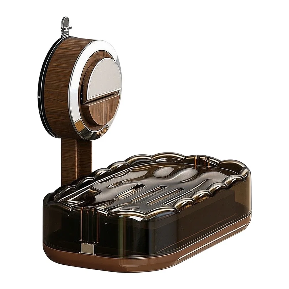 Rust Free Soap Dish with Secure Suction Base - Easy Clean Detachable Design 15x10.5x11.5cm PET Soap Box Walnut Wood
