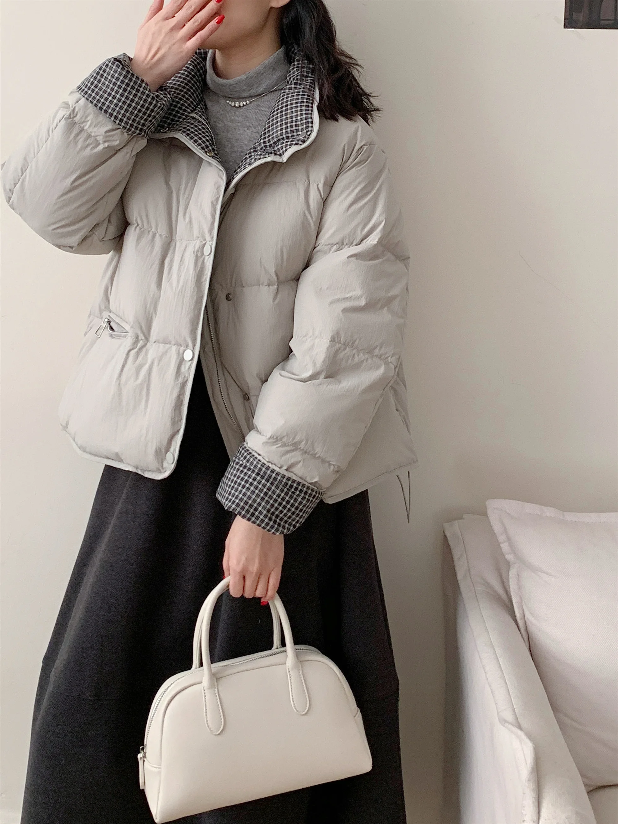 

Зимнее женское пуховое пальто Jaet Color Blo в клетку с воротником-стойкой, пуховое пальто, теплое модное корейское пальто