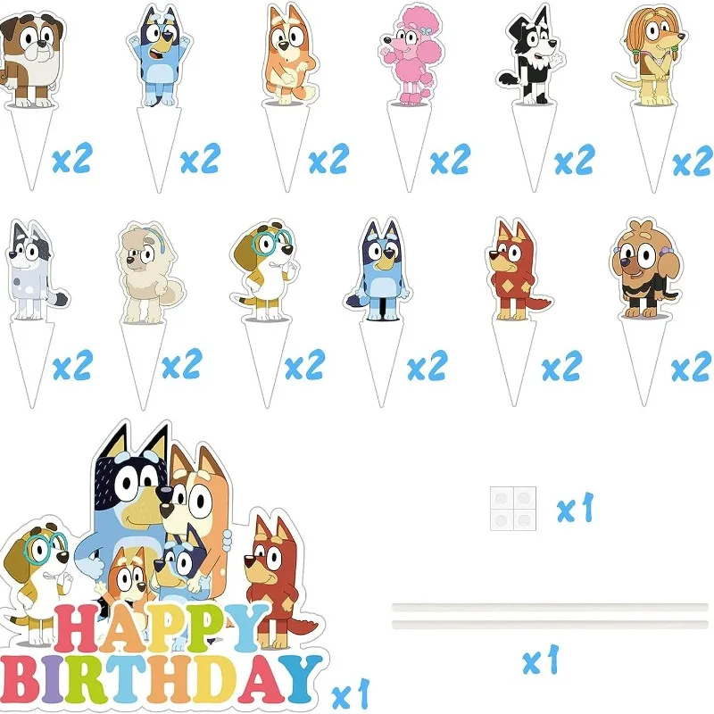 25pcs Bluey Cake Decoration Cartoon Blue Dog Bingo Cupcake Top Happy Birthday for Kids Birthday Party Cake Dessert Decorations