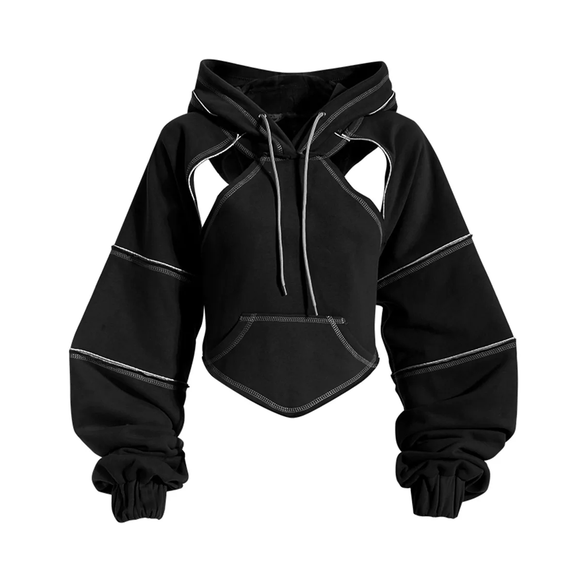 Women’s Short Hooded Sweatshirt with Bright White Trim Layered Overshirt Cape Hiphop Long-sleeved Top Back Tie Cut Out Hoodies