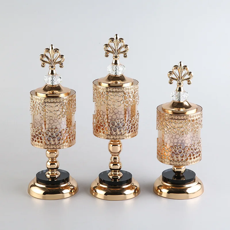 Gold Openwork Storage Jar with Lid Glass Jewelry Cosmetic Cotton Swab Box Candle Holder Metal Cutout Decorative Crafts