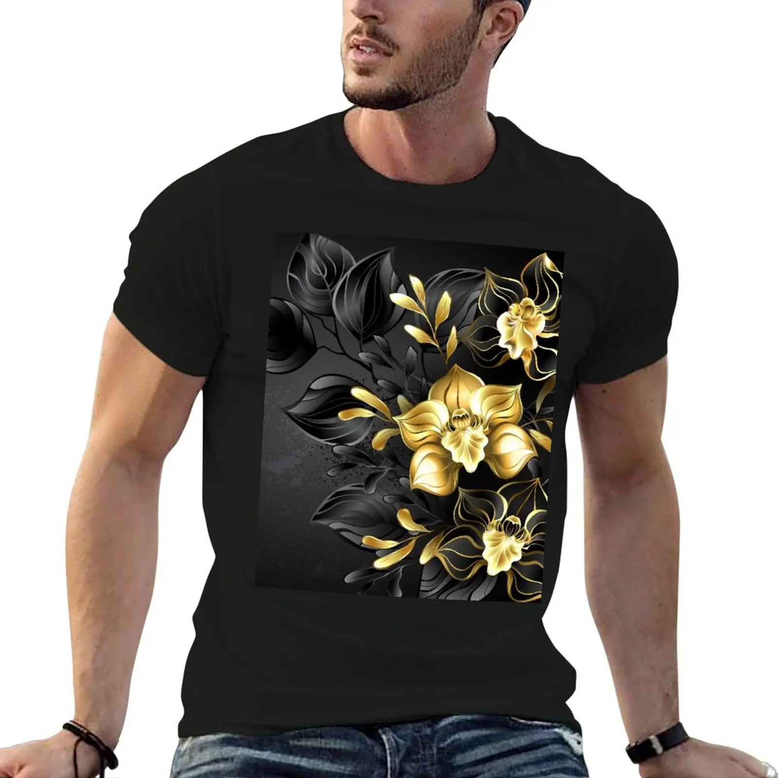 Black Background with Black Orchid T-Shirt Work Comfort T-Shirt for Men