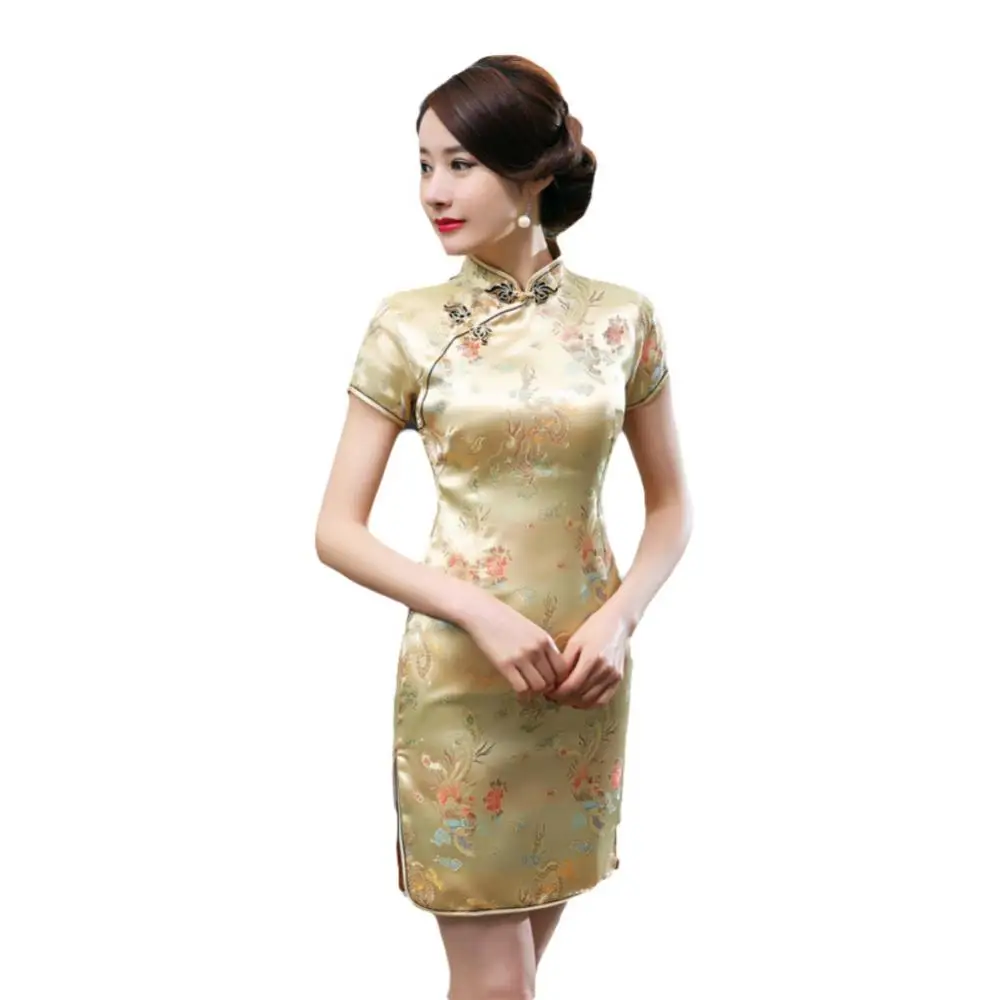 Vintage Summer Short Cheongsam Dress Chinese Dragon Phoenix Embroidery High Neck Slim Vestido Qipao Dresses Split Mini Dress