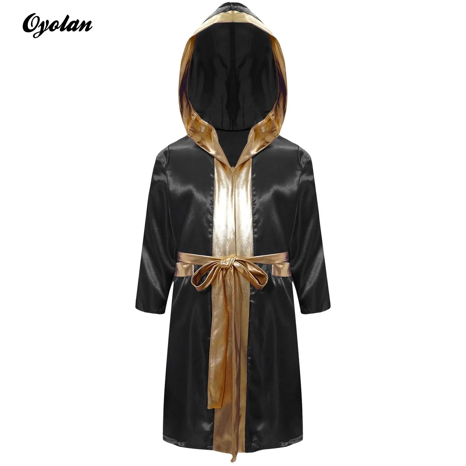 Kids Girls Boys Metallic Hooded Cloak Boxing Costume with Belt Open Front Metallic Trim Boxing Thai Kickboxing Cosplay Costume