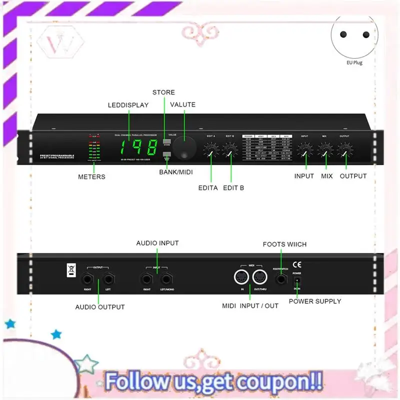 

Portable Professional Digital Reverberation Multi Effect DSP Processor Audio Processor Equalizer Easy Install EU PLUG