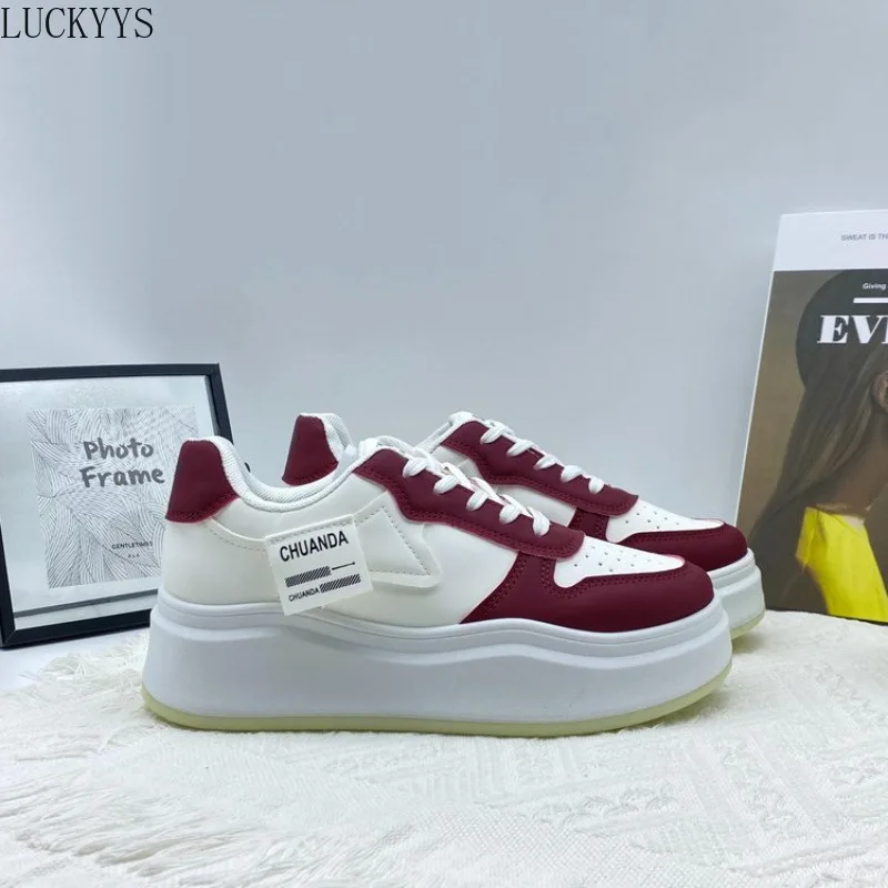 Zapatillas de deporte a la moda para mujer, zapatos informales rojos con plataforma, zapatos vulcanizados con parte inferior gruesa para mujer, zapatos informales de estilo universitario para caminar