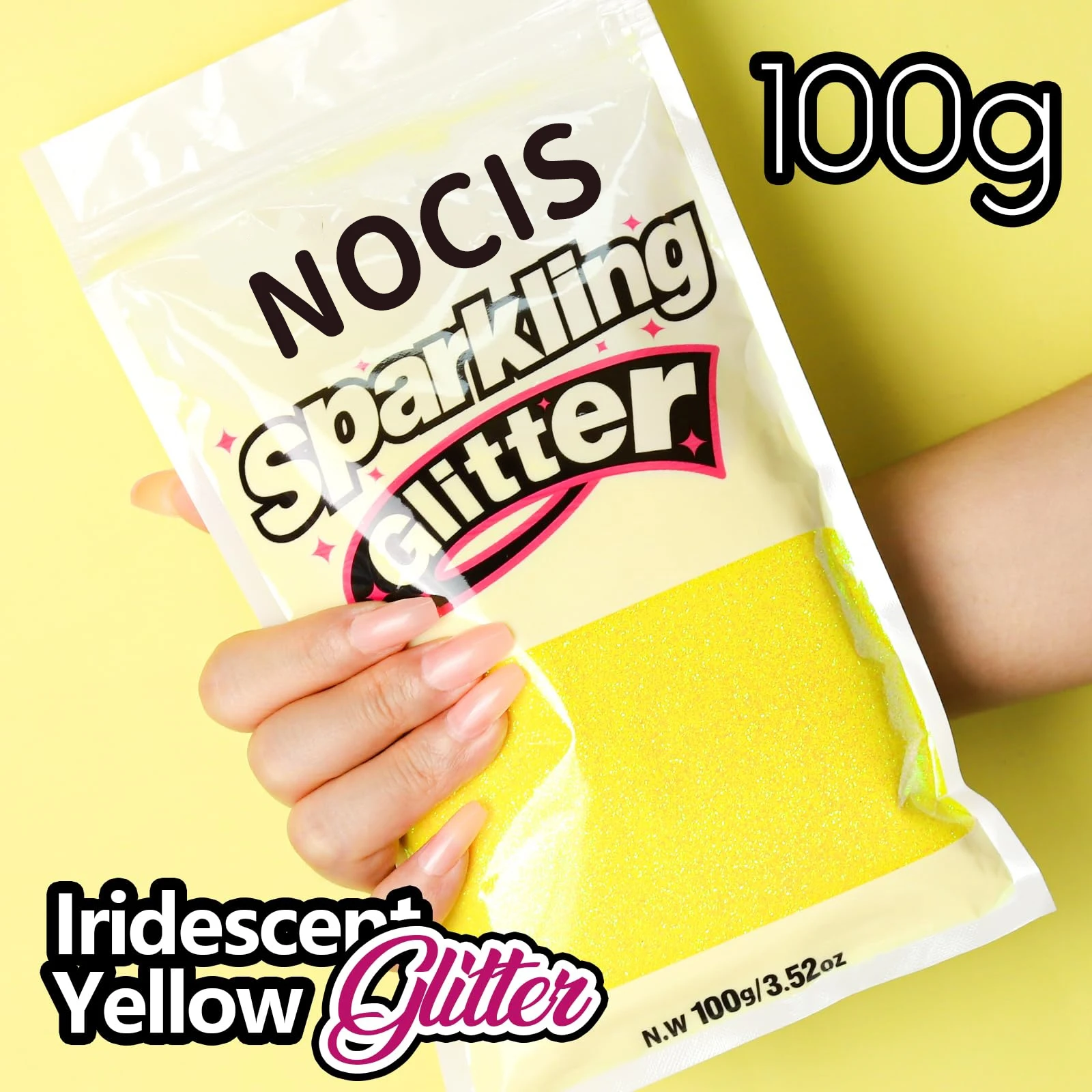 NOCIS 100g/3.5 Oz Iridescent Yellow Fine Glitter | Non-discoloring, Laser Powder for Crafts, Resin, Jewelry, Keychains, Flowers