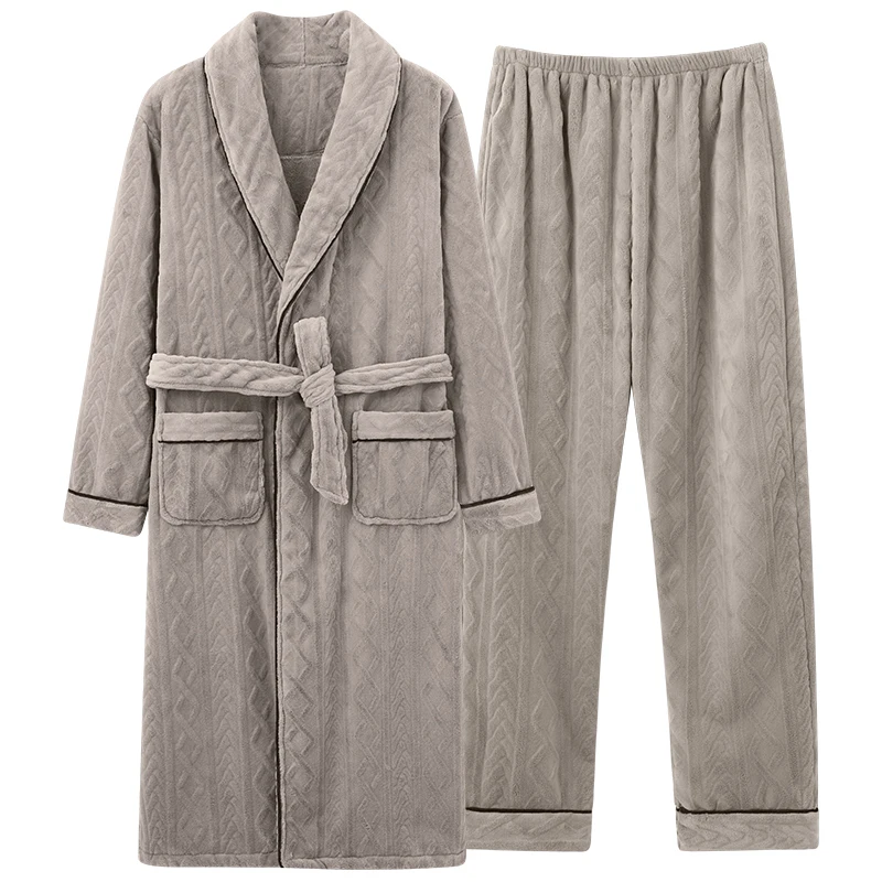 Men’s Coral Velvet Robe Long Sleeve Kimono Bathrobe With Long Pants 2pcs Robes Set Sleepwear Autumn Winter V-Neck Pijamas Hombre