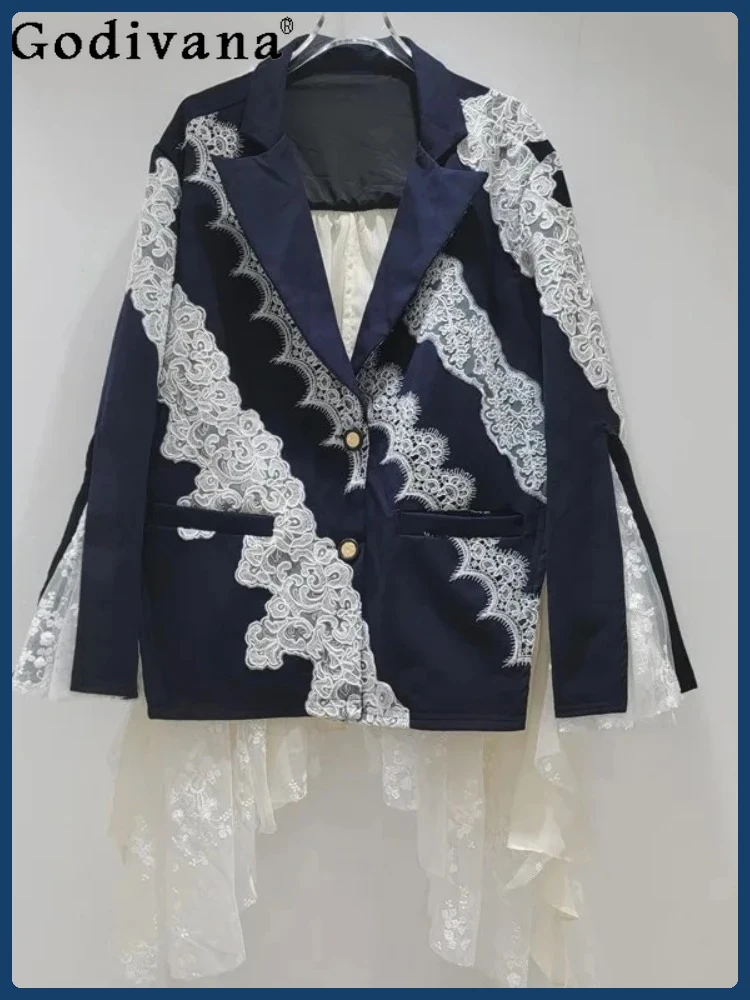 

Autumn Chic Lace Splicing Loose Long-sleeved Elegant Blazers Jacket Elegant Versatile Irregular Temperament Fashion Korean Top