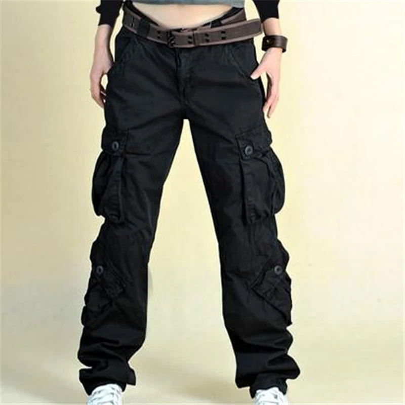 

Woman Spring Hot Sale Mid Elastic Waist Pockets Straight 100% Cotton Cargo Pants Female Autumn Hot Sale Loose Trousers