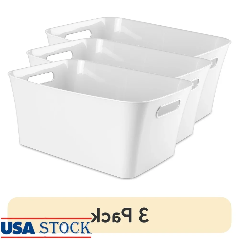 

3 Pack Large Storage Bins Plastic Containers with Handles Organizing Closet Kitchen Bathroom Living Space