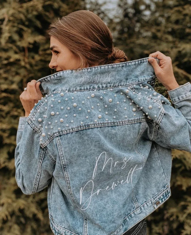 PERSONALIZED Statement Denim Bridal Jacket Custom Name Mrs Pearl Jean Jacket Engagement| Bride to Be Jackets Wedding Dressing