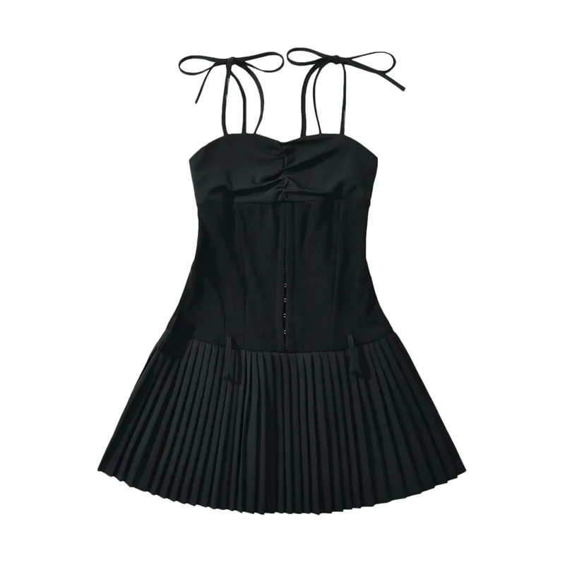 Mini vestido plissado com tira de cintura feminina, doce verão