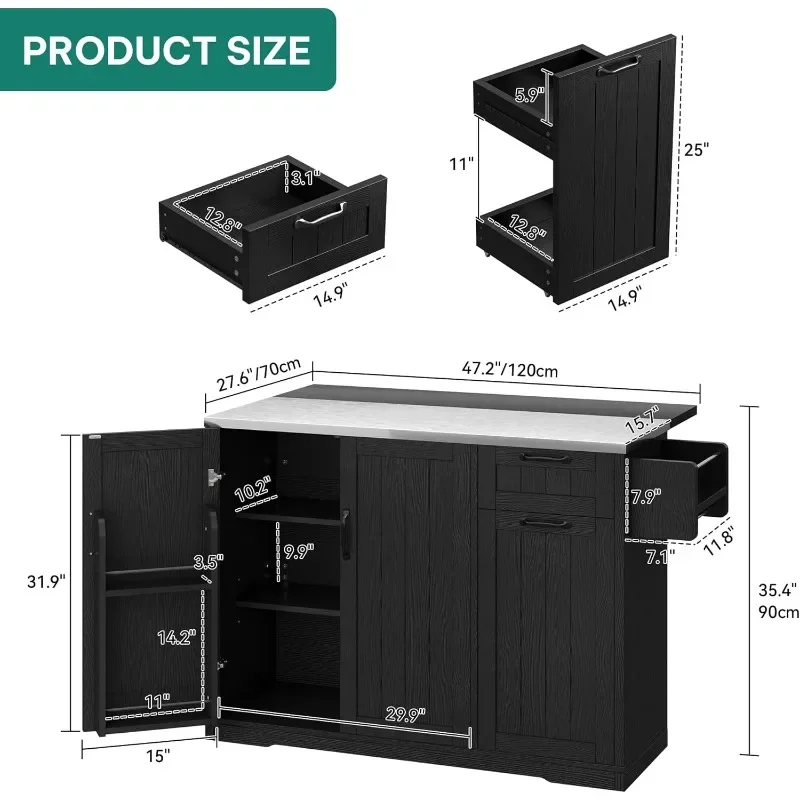 Rolling Carts with Pull-Out Cabinet Kitchen Island with Stainless Steel Top, 54