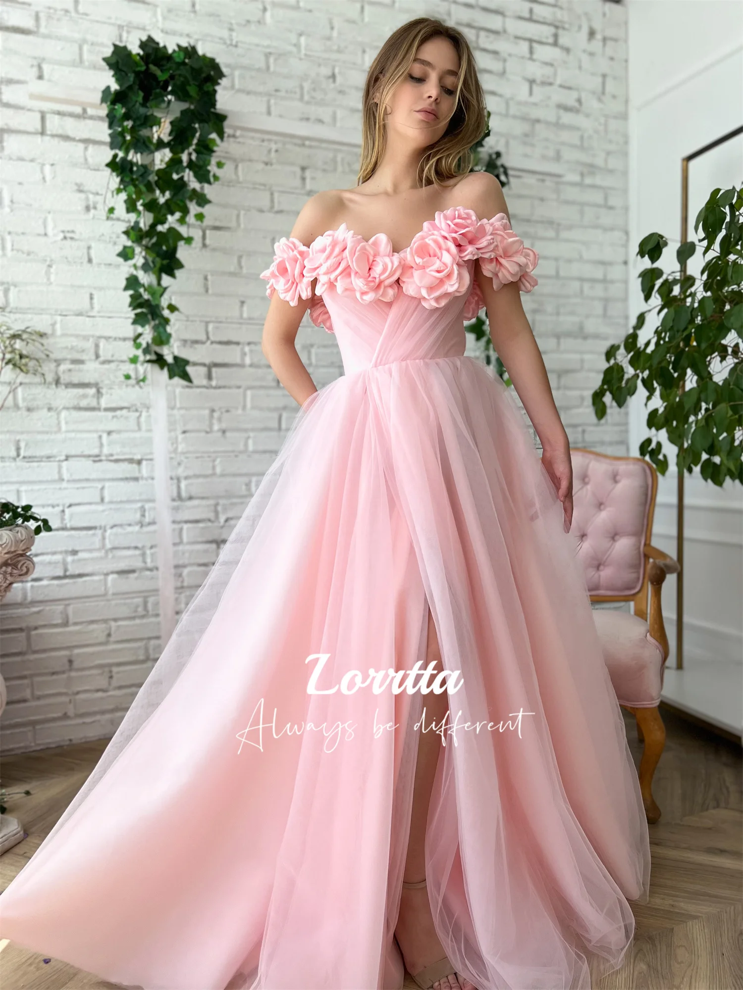 

Lorrtta Pink 3D Floral Tulle Long Ball Gown Off Shoulder Appliqué A Line Evening Gown Formal Party Dress Princess Skirt Gown