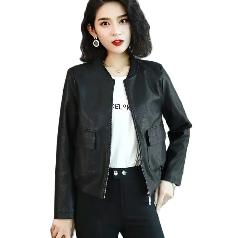 Hinzufügen Baumwolle/Keine Baumwolle Kurze Schwarze Leder Jacke Frauen Herbst Winter Koreanische Lose Baseball Uniform Lässig Faux Leder Jacke 4XL