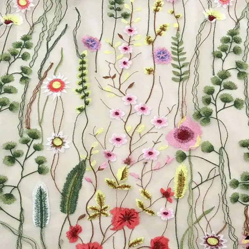 High-end mesh fabrics, classic water plants and flowers, three-dimensional multi-color lace embroidery clothing DIY fabrics