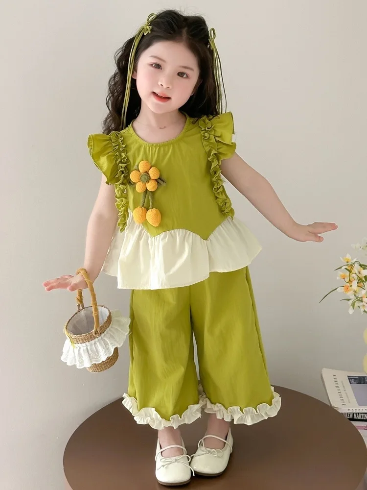 

Girls' summer dress with flowing sleeves - 2025 new style children's clothing - trendy and fashionable two-piece set - baby summ