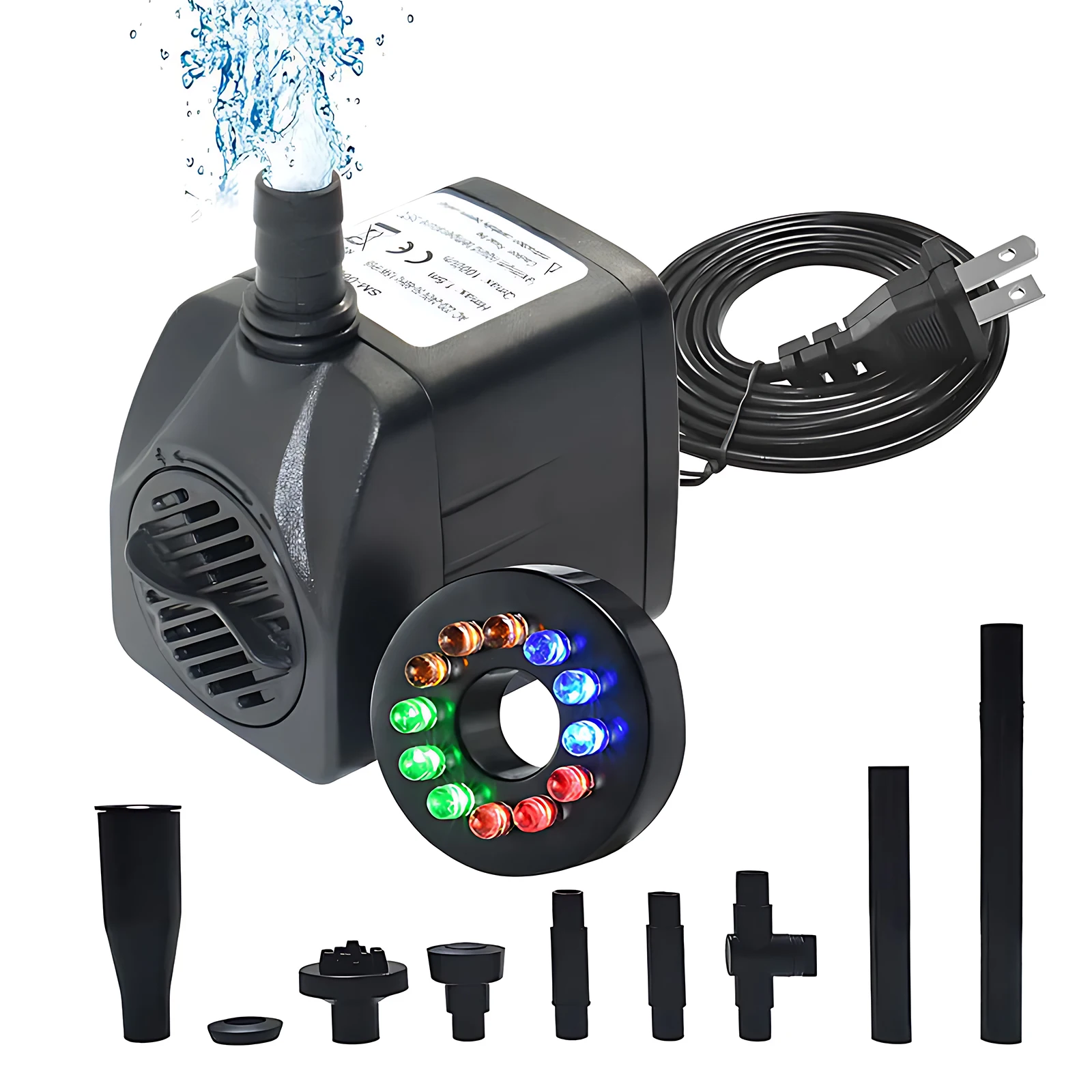 

Submersible Water Pump with Colorful Light Multiple Nozzle Electric 1000L/H Fountain Pump w/ Max 4.9ft Lift and Suction Cup Base