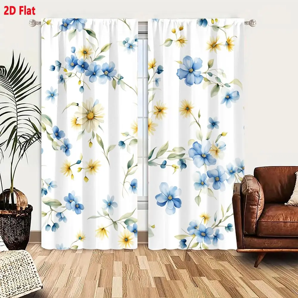 2Pcs Curtains 2D Flat Seamless Floral Pattern Watercolor Blue White Yellow Flowers Green Leaves Window Drapes for Bedroom Room D