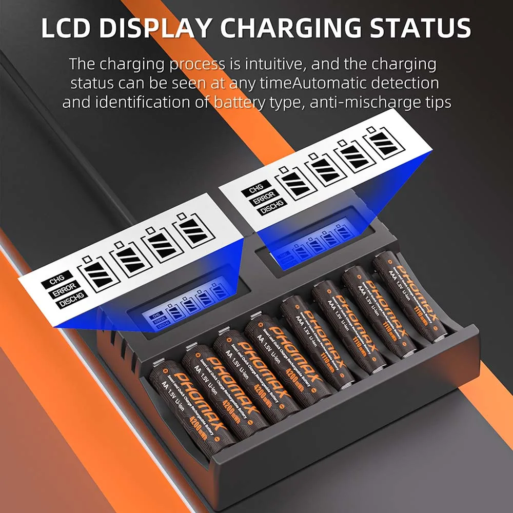 PHOMAX 1.5V Lithium Rechargeable Batteries Charger With LCD Display.AA/AAA 4200mWh/1110mWh Li-Ion Battery For Microphone Toys