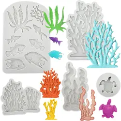 5 PCS Marine Theme Fondant Silicone Mold Seaweed Sea Fish Coral Sea Turtle Shape DIY Handmade Baking Tools