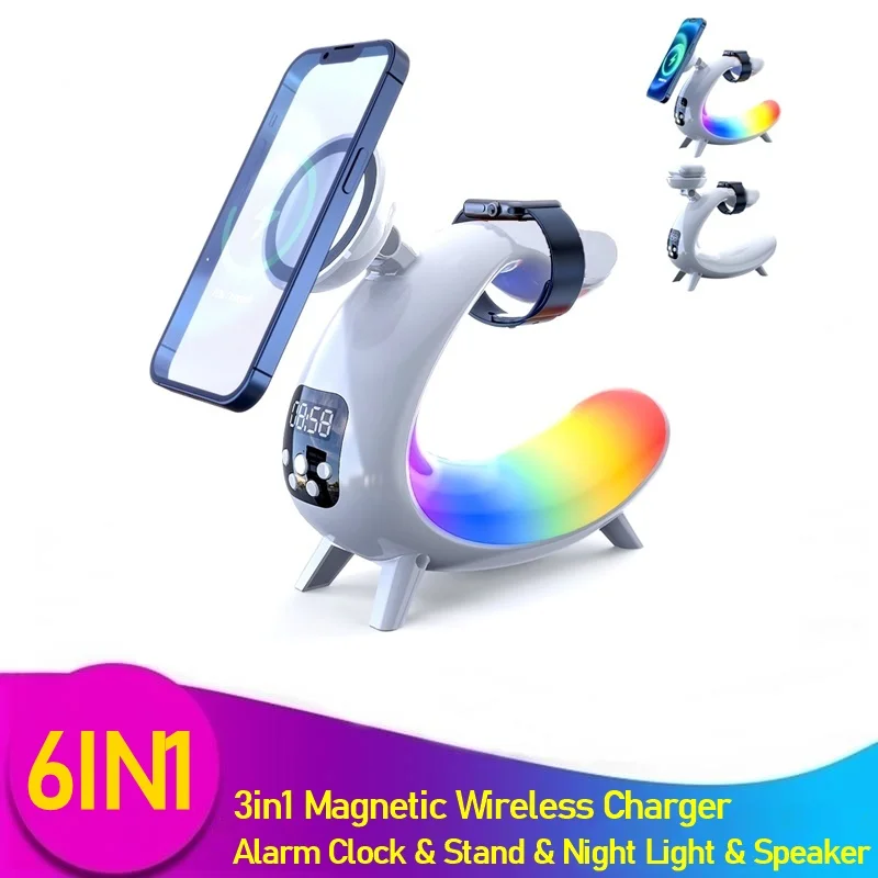 6IN1 Alarm Clock Magnetic Wireless Charger RGB Light With Speaker Stand for Iphone 15 14 13 12 11 Pro MAX Airpods Apple Watch