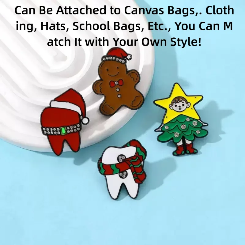 

Heye Christmas Hat Cartoon Teeth Cute Christmas Tree Gingerbread Man Costume Hat Bag Pencil Case Brooch Pin 4-Piece Set