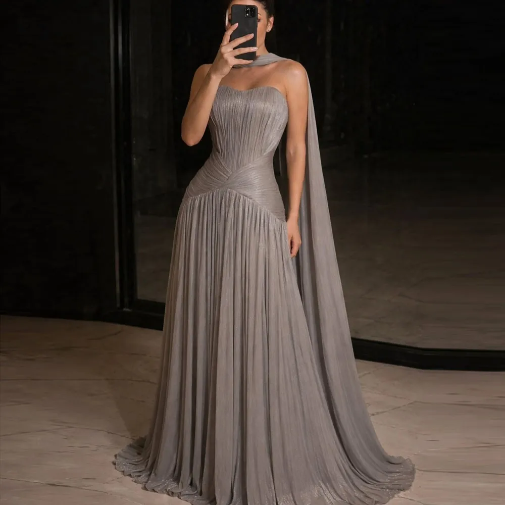 

Eightale Modest Evening Dress Gray Customized Pleats Halter Floor Length A-Line Crepe Prom Wedding Party Gown