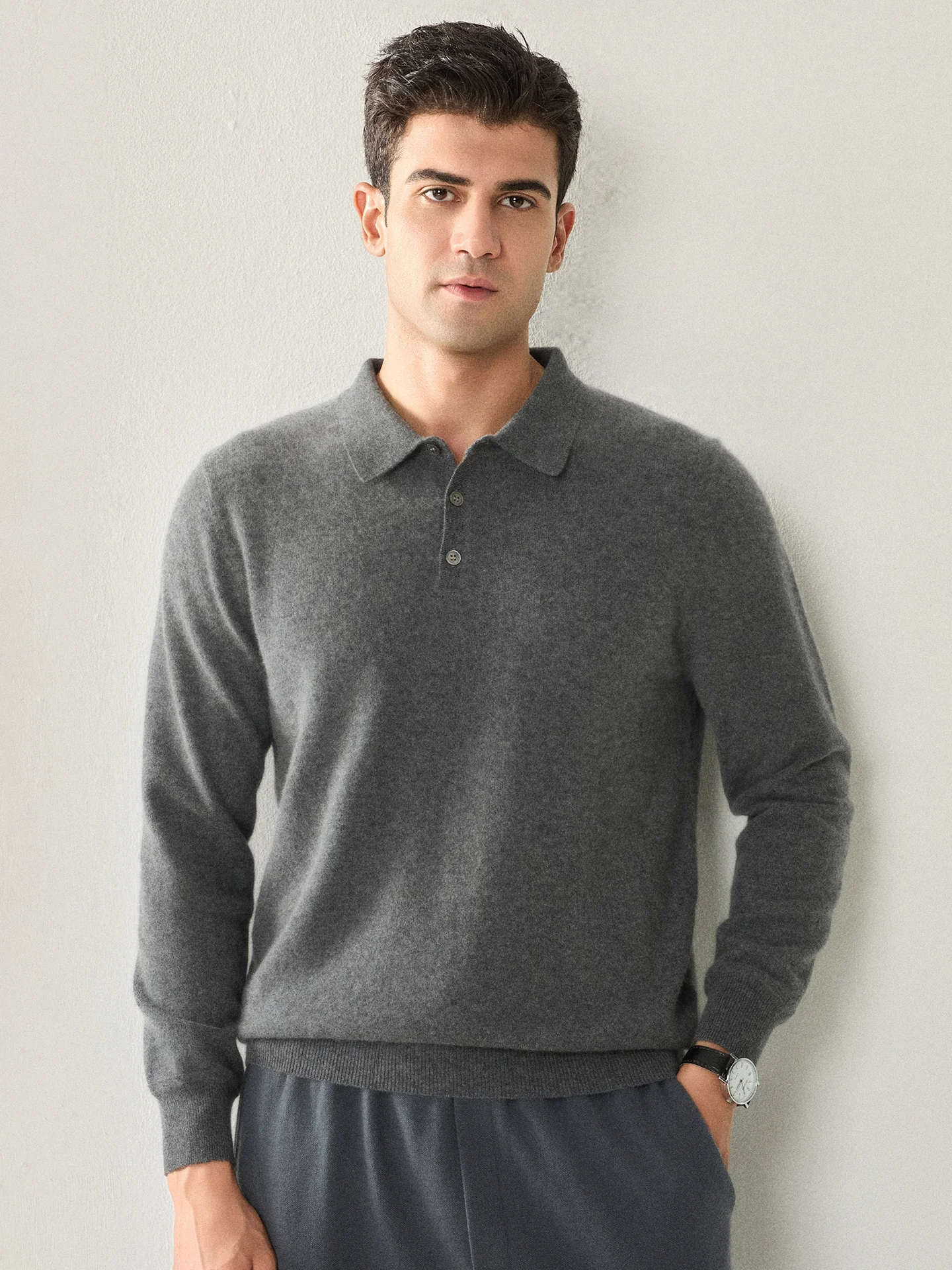 Autumn Winter 100% Baby Cashmere Pullover Sweater Men's Polo Collar Button Soild Long Sleeve Business Knitted Coat Light Luxury