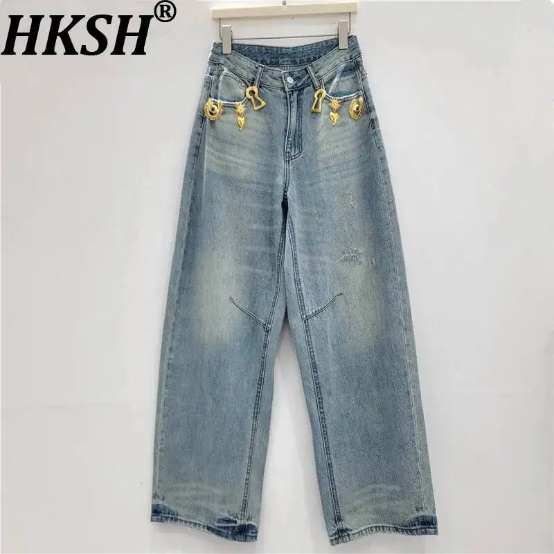 

HKSH Women Wide Leg Jeans American Retro Metal Decor Distressed Chic Versatile Elegant Trend Denim Pants New Spring 2026 HK19233